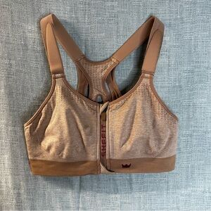 SHEFIT Low Impact Sports Bra Tan Beige Adjustable Front Zip Wireless Size Medium